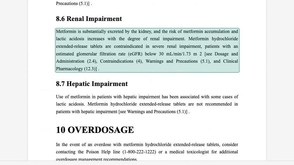 A prescribing information page opened from a citation, with the cited passage highlighted.
