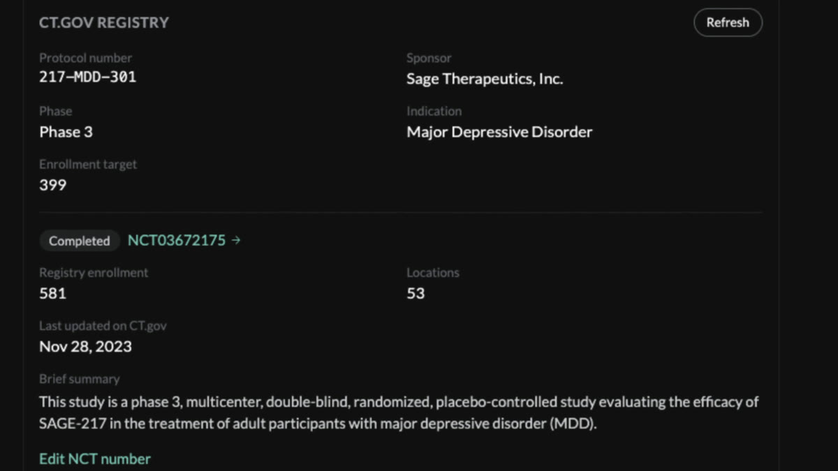Total Patient Recruitment showing a trial protocol after upload, with registry details: protocol number, sponsor, phase, indication, enrollment target, and the linked NCT record.
